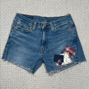 Levis 511 Slim Fit Cut Off Denim Jean Shorts Distressed Patchwork Cherry Size 28